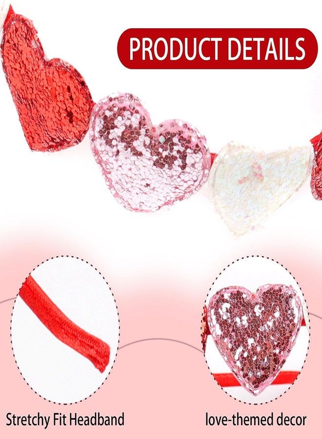Doneace Valentines Day Glitter Hearts Headband Girls Cute Heart Headband Red Pink Cupid Hair Band Love Heart Hair Accessories for Women Valentine Dating Wedding Birthday Dressing Up Gift 1PCS - Image 3